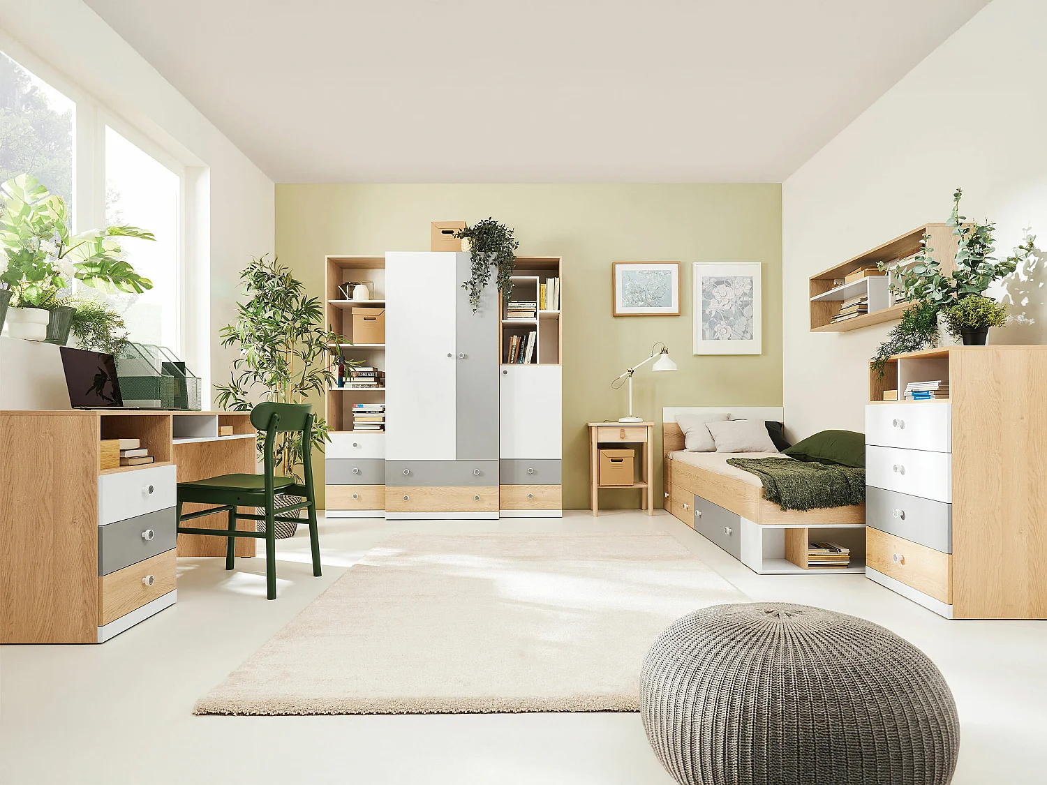 Commode Tesmonu 109, Gris|Blanc|Chêne, Avec tiroirs, Nombre de tiroirs: 4, 100x60x40cm