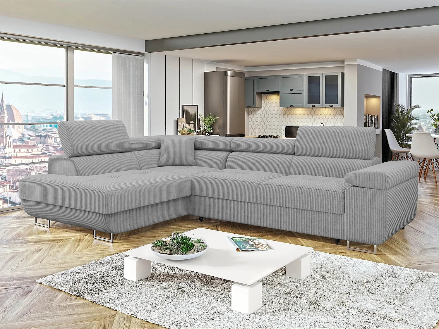 Sofá rinconero Comfivo Vinetum, Gris claro, Función de descanso, Almacenaje, 274x203x70cm