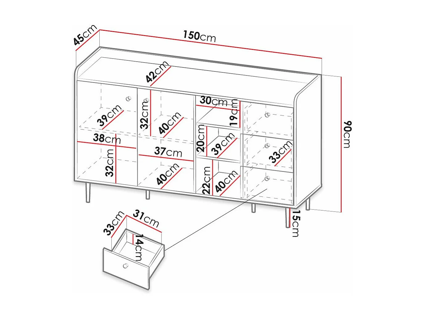 Commode Ferenou 100, Noir|Chêne foncé, Tiroirs et portes, Nombre de tiroirs: 3, 90x150cm