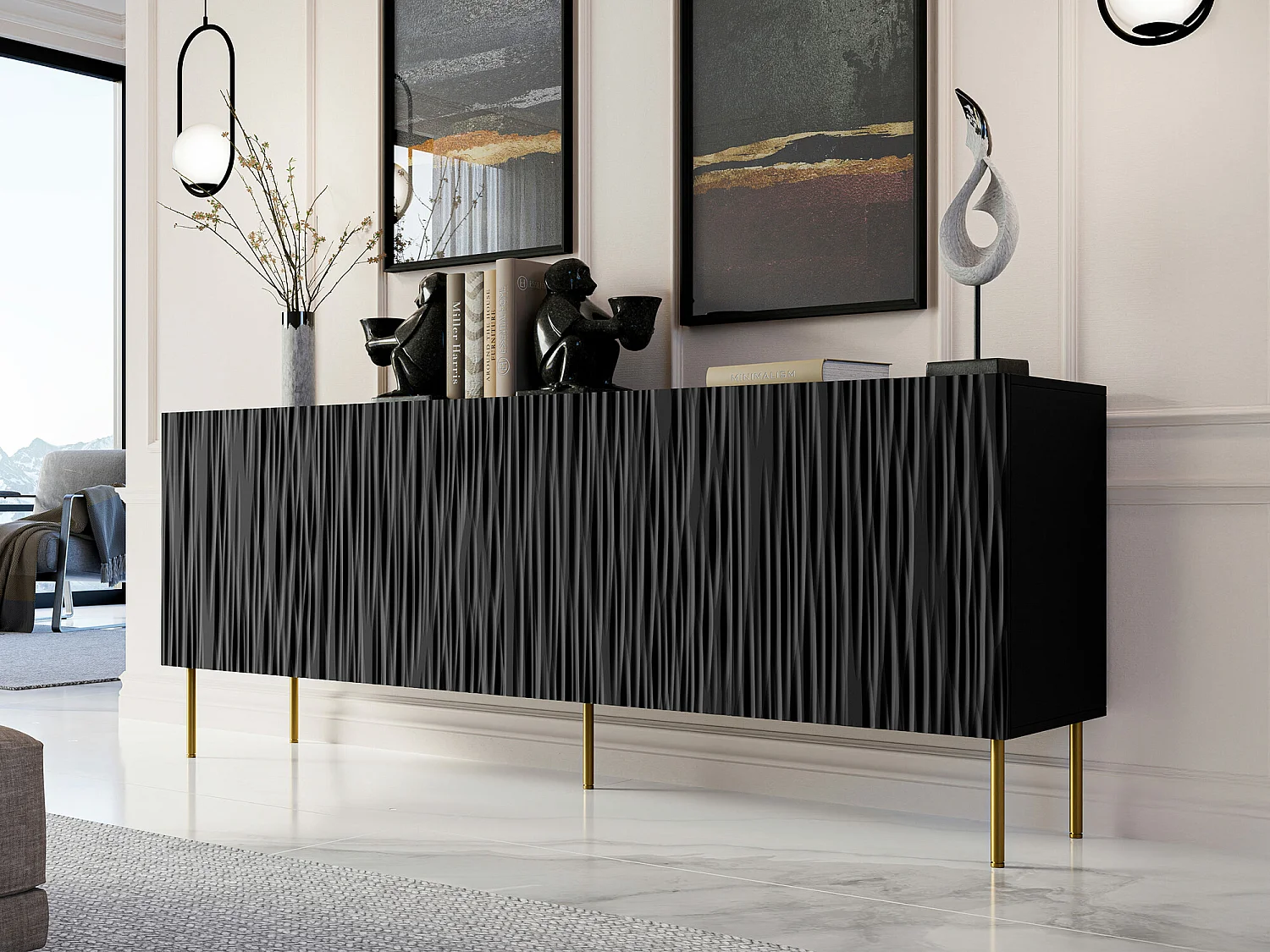 Buffet Lorelbo 101, Noir|Doré, 75x190cm, Le nombre de portes: 441cm, MDF|Stratifié