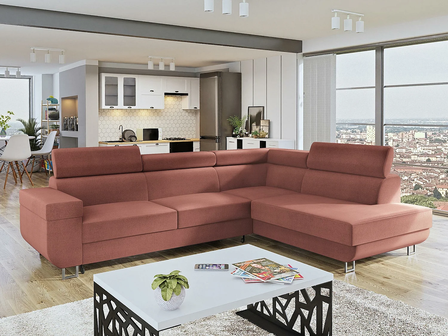 Canapé d'angle Comfivo 306, Rose, Disponible, 253x188x71cm