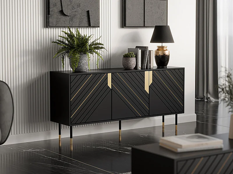 Buffet Elmteo 100, Doré|Noir, 72x154x40cm, Stratifié|MDF