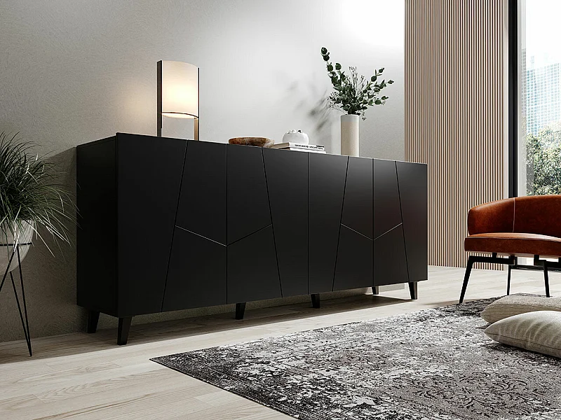 Buffet Charlotte 180, Noir, 83x201cm, Le nombre de portes: 442cm, Stratifié|MDF
