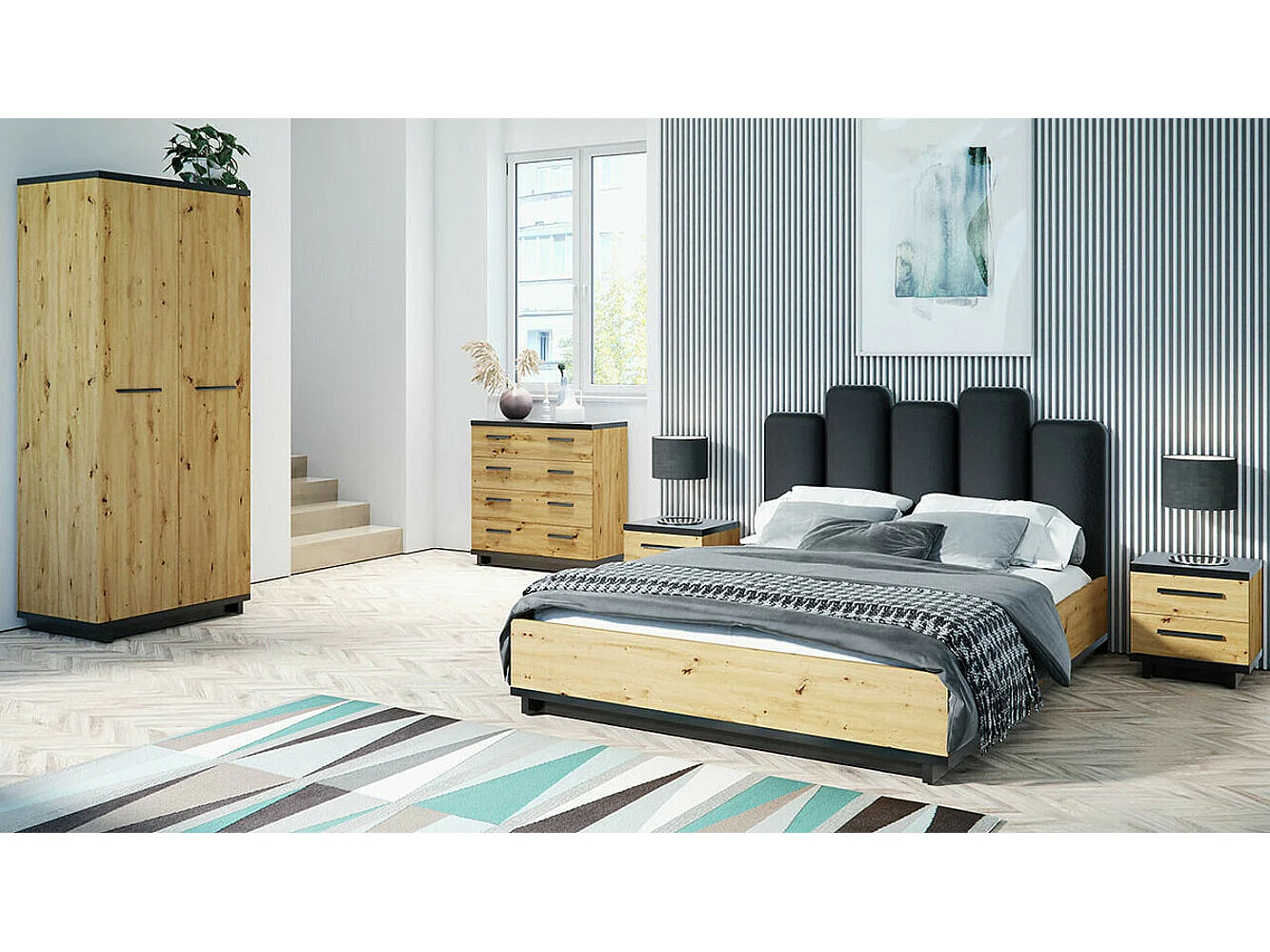 Commode Morlira 101, Noir mat|Chêne Artisan, Avec tiroirs, Nombre de tiroirs: 4, 90x90cm