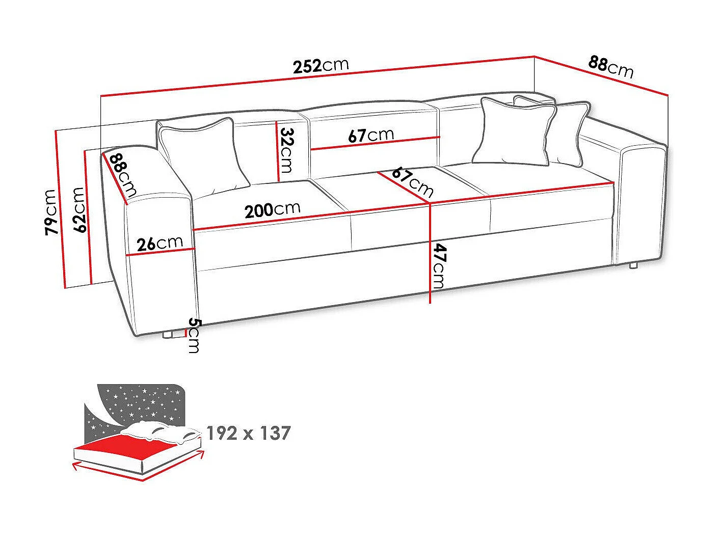 Canapé convertible Clovis 114, 79x252x88cm