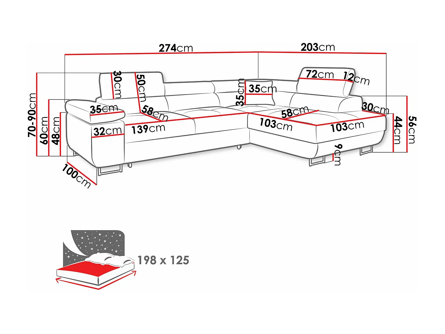 Canapé d'angle Comfivo Eliferu 100, Gris, Disponible, 274x203x70cm