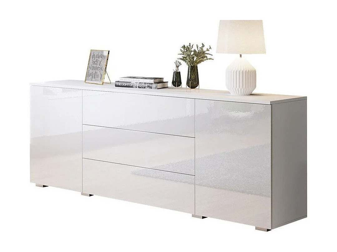 Commode Sarasota 129, Blanc|Blanc brillant, Tiroirs et portes, Nombre de tiroirs: 3, 68cm