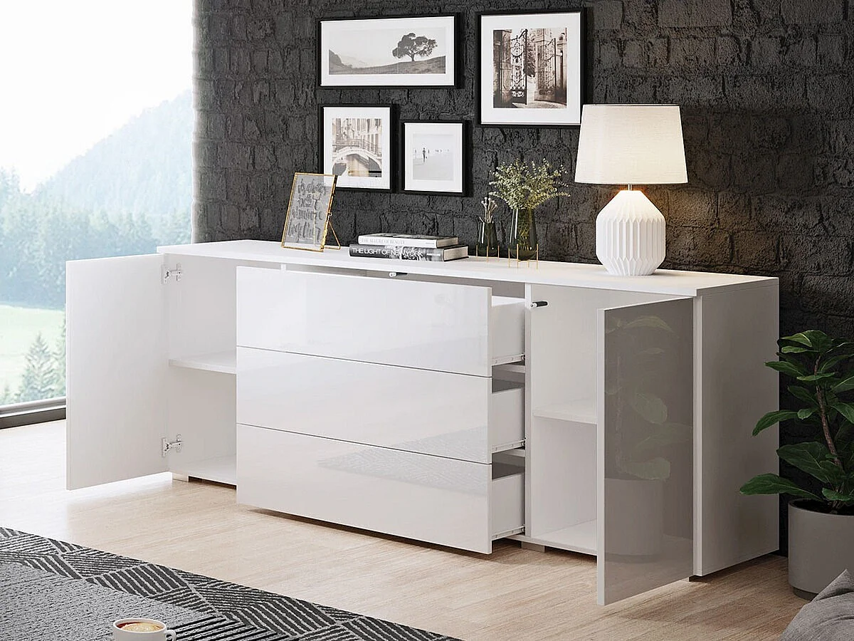 Commode Sarasota 129, Blanc|Blanc brillant, Tiroirs et portes, Nombre de tiroirs: 3, 68cm