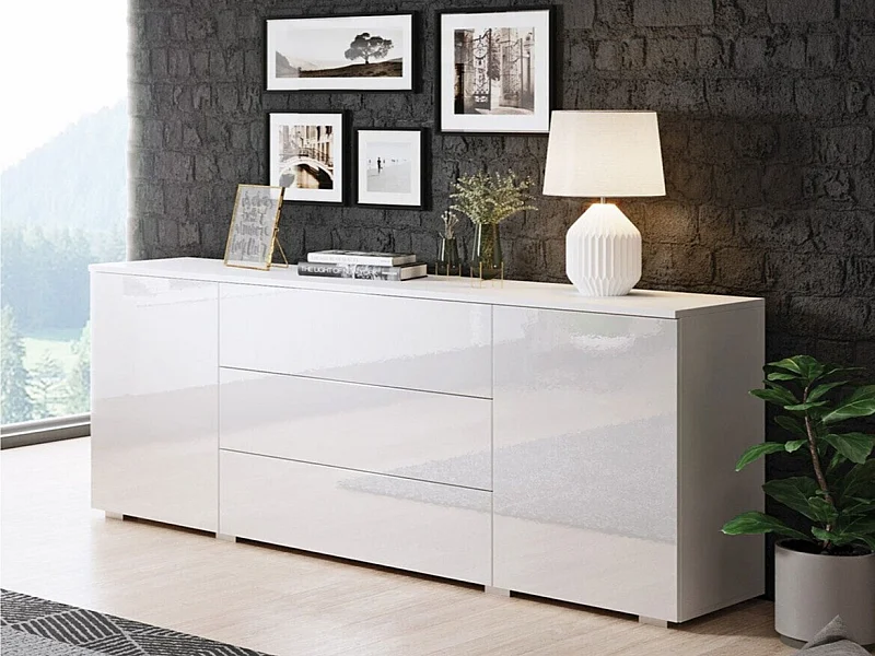 Commode Sarasota 129, Blanc|Blanc brillant, Tiroirs et portes, Nombre de tiroirs: 3, 68cm