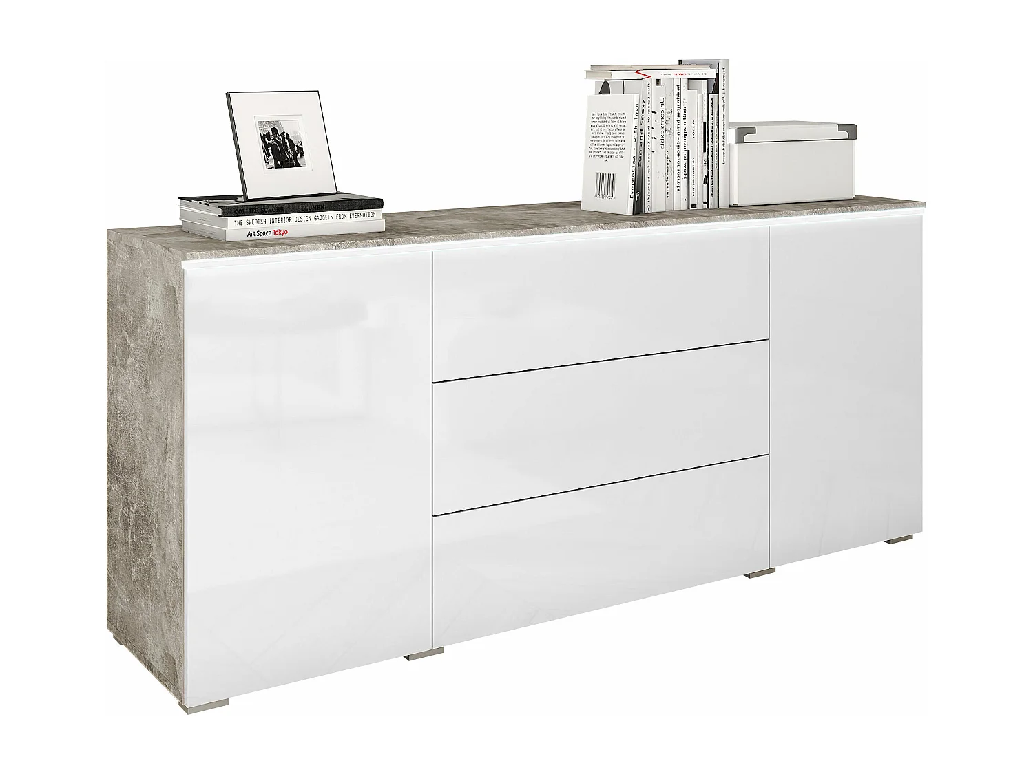 Commode Sarasota 142, Blanc brillant|Béton, Tiroirs et portes, Nombre de tiroirs: 3, 66cm