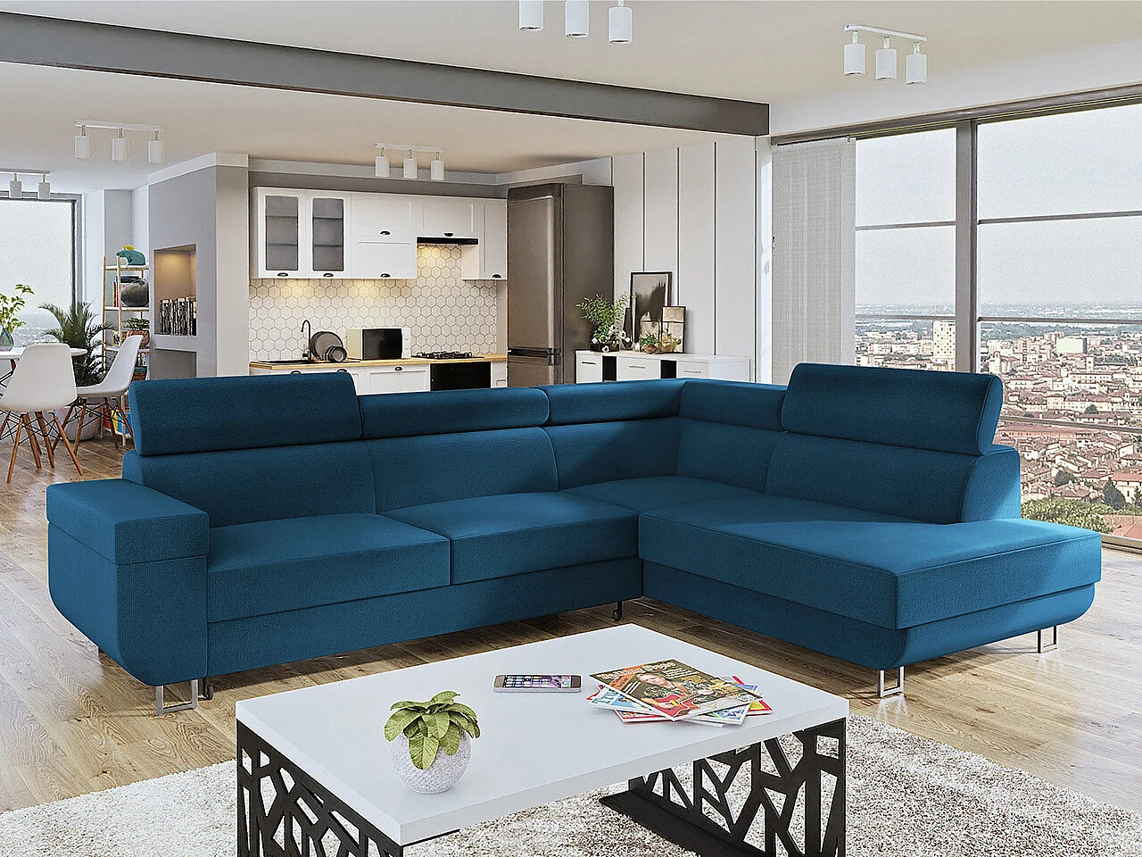 Canapé d'angle Comfivo 306, Bleu, Disponible, 253x188x71cm