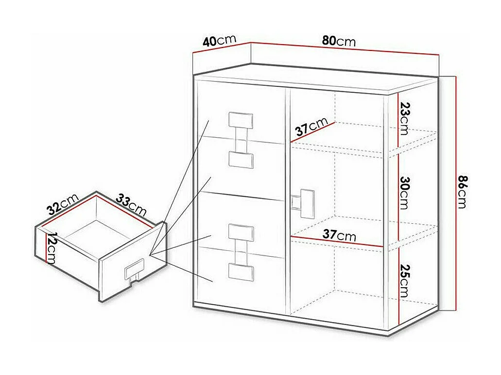 Commode Florevi 103, Blanc brillant|Chêne Artisan, Tiroirs et portes, 86x80x40cm