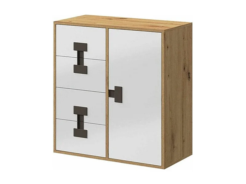 Commode Florevi 103, Blanc brillant|Chêne Artisan, Tiroirs et portes, 86x80x40cm