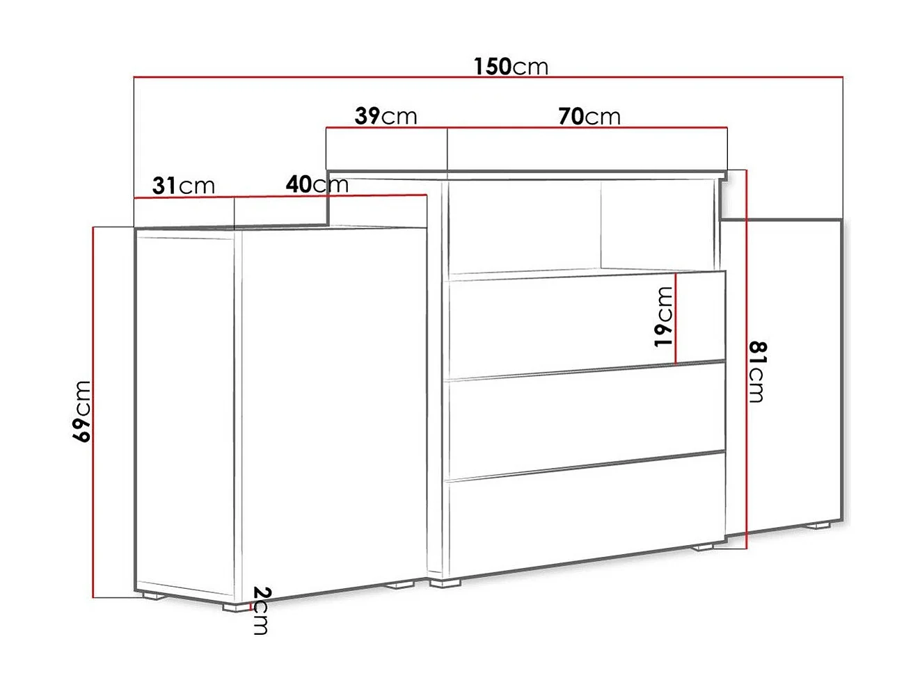 Commode Sarasota 127, Blanc brillant|Blanc, Tiroirs et portes, Nombre de tiroirs: 3, 81cm
