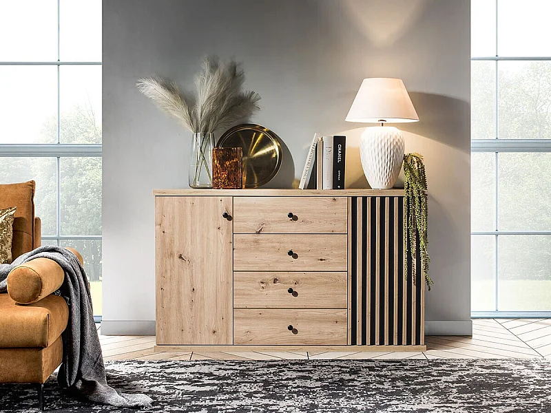 Commode Venmava 103, Chêne Artisan|Noir, Tiroirs et portes, Nombre de tiroirs: 4, 85x41cm