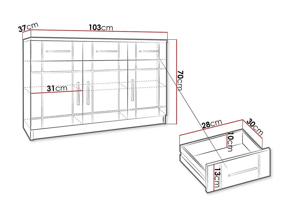 Commode Tucson 145, Sonoma chêne|Graphite, Tiroirs et portes, Nombre de tiroirs: 3, 70cm