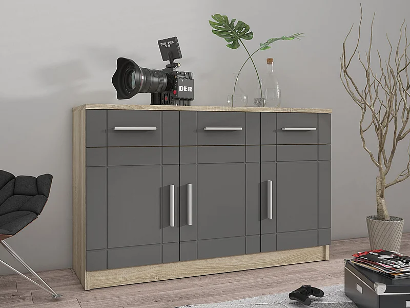 Commode Tucson 145, Graphite|Sonoma chêne, Tiroirs et portes, Nombre de tiroirs: 3, 70cm