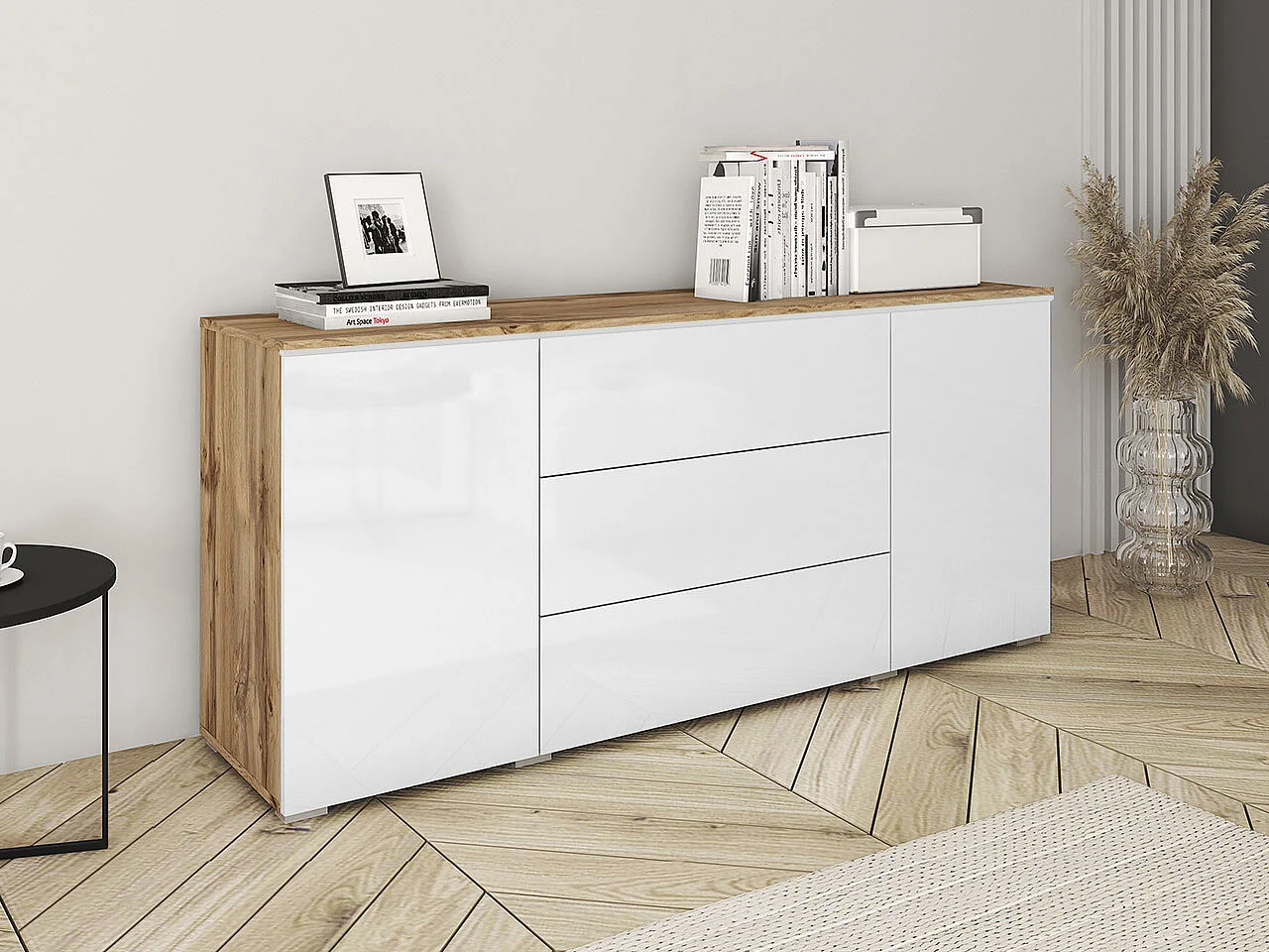 Commode Sarasota 142, Chêne wotan|Blanc brillant, Tiroirs et portes, Nombre de tiroirs: 3