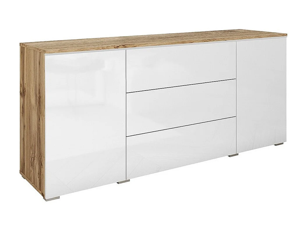 Commode Sarasota 142, Chêne wotan|Blanc brillant, Tiroirs et portes, Nombre de tiroirs: 3