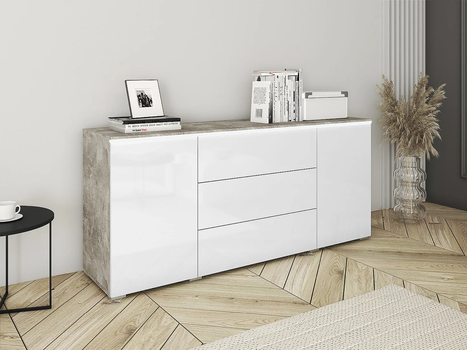 Commode Sarasota 142, Blanc brillant|Béton, Tiroirs et portes, Nombre de tiroirs: 3, 66cm