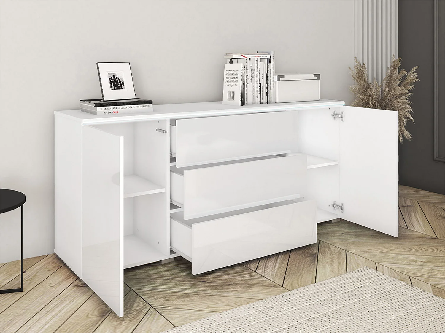 Commode Sarasota 142, Blanc brillant|Béton, Tiroirs et portes, Nombre de tiroirs: 3, 66cm