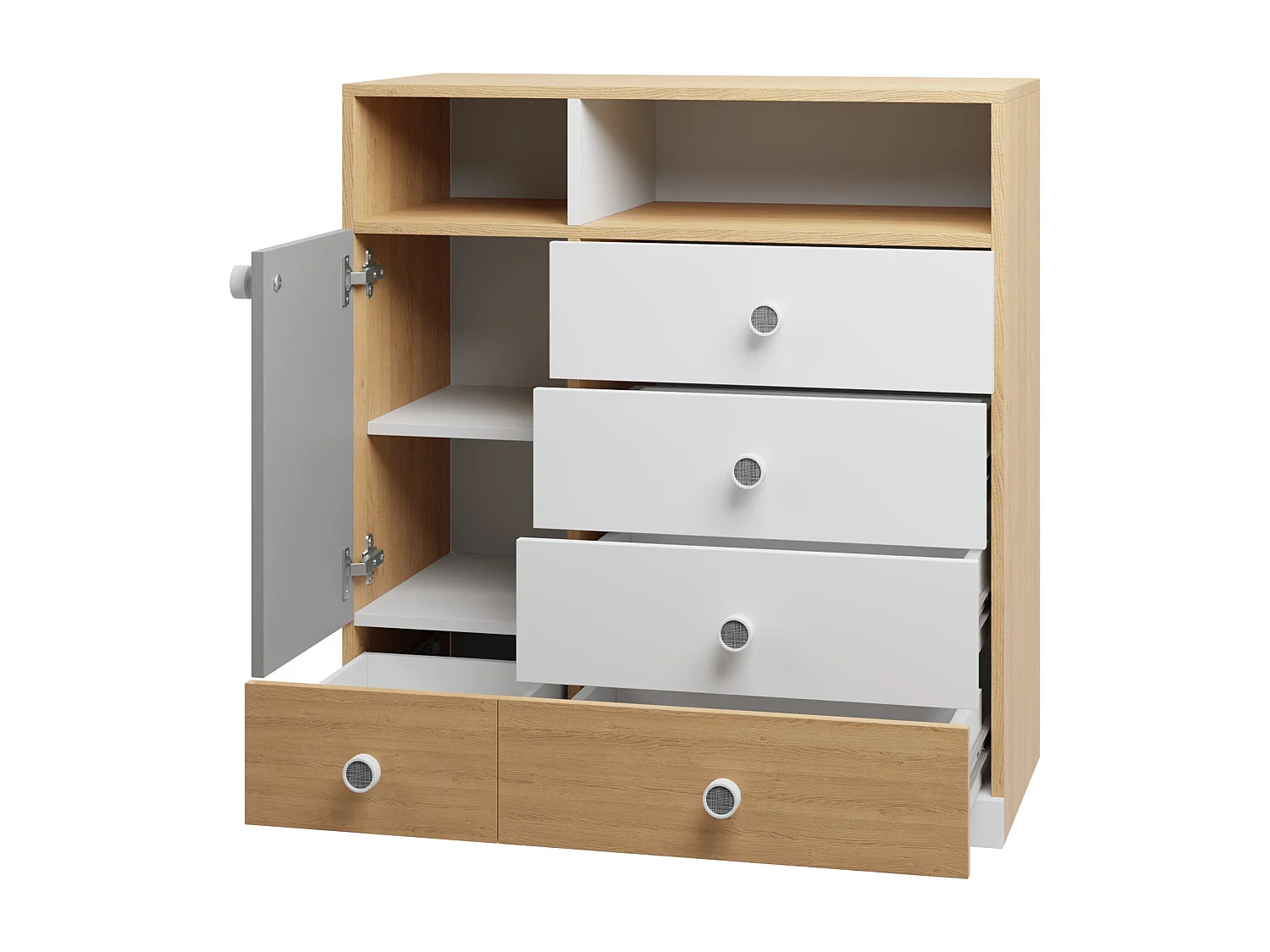 Commode Tesmonu 108, Gris|Blanc|Chêne, Tiroirs et portes, Nombre de tiroirs: 5, 90x85cm