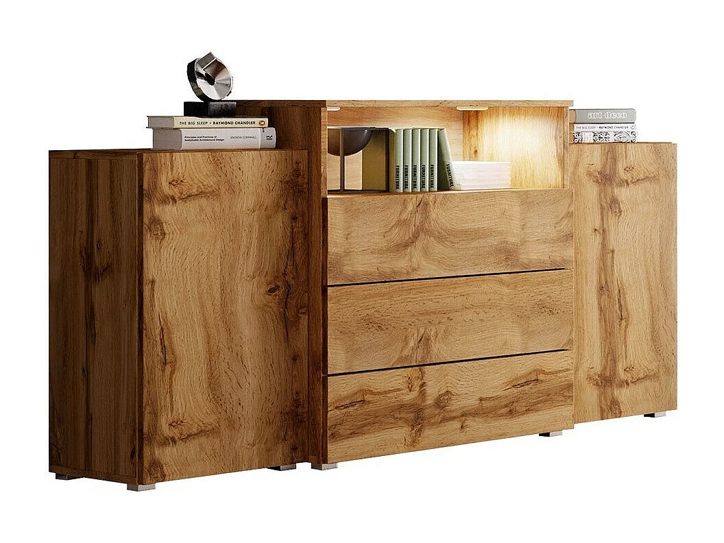 Commode Sarasota 127, Chêne wotan, Tiroirs et portes, Nombre de tiroirs: 3, 81x150x39cm