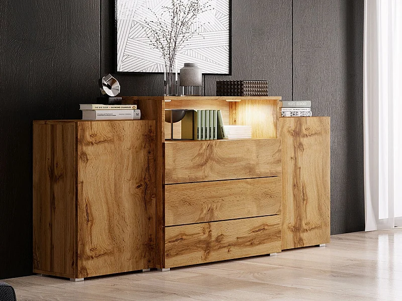 Commode Sarasota 127, Chêne wotan, Tiroirs et portes, Nombre de tiroirs: 3, 81x150x39cm