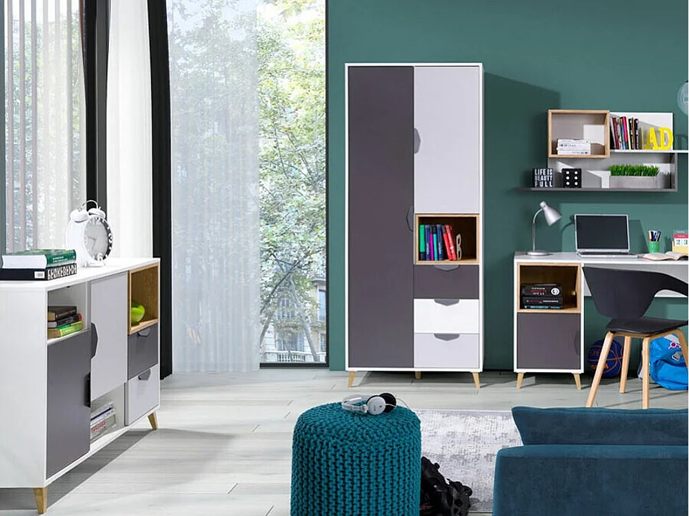 Commode Domvera 106, Blanc|Graphite|Gris|Chêne de Lefkas, Tiroirs et portes, 84x120x40cm