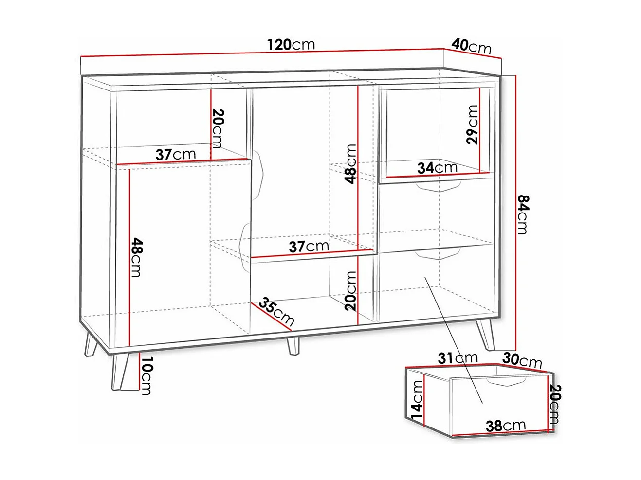 Commode Domvera 106, Blanc|Graphite|Gris|Chêne de Lefkas, Tiroirs et portes, 84x120x40cm