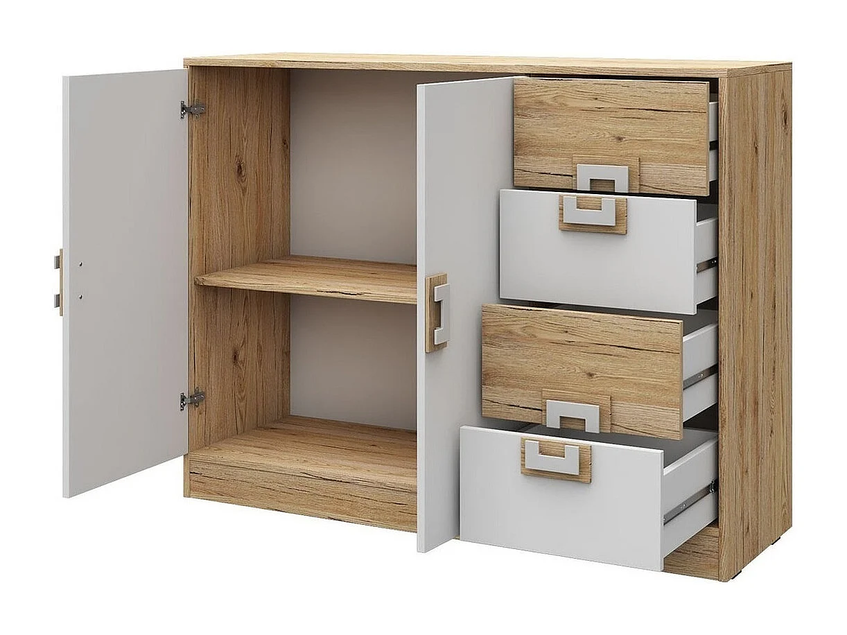 Commode Tolfere 100, Blanc|Turquoise|Chêne clair, Tiroirs et portes, Nombre de tiroirs: 4