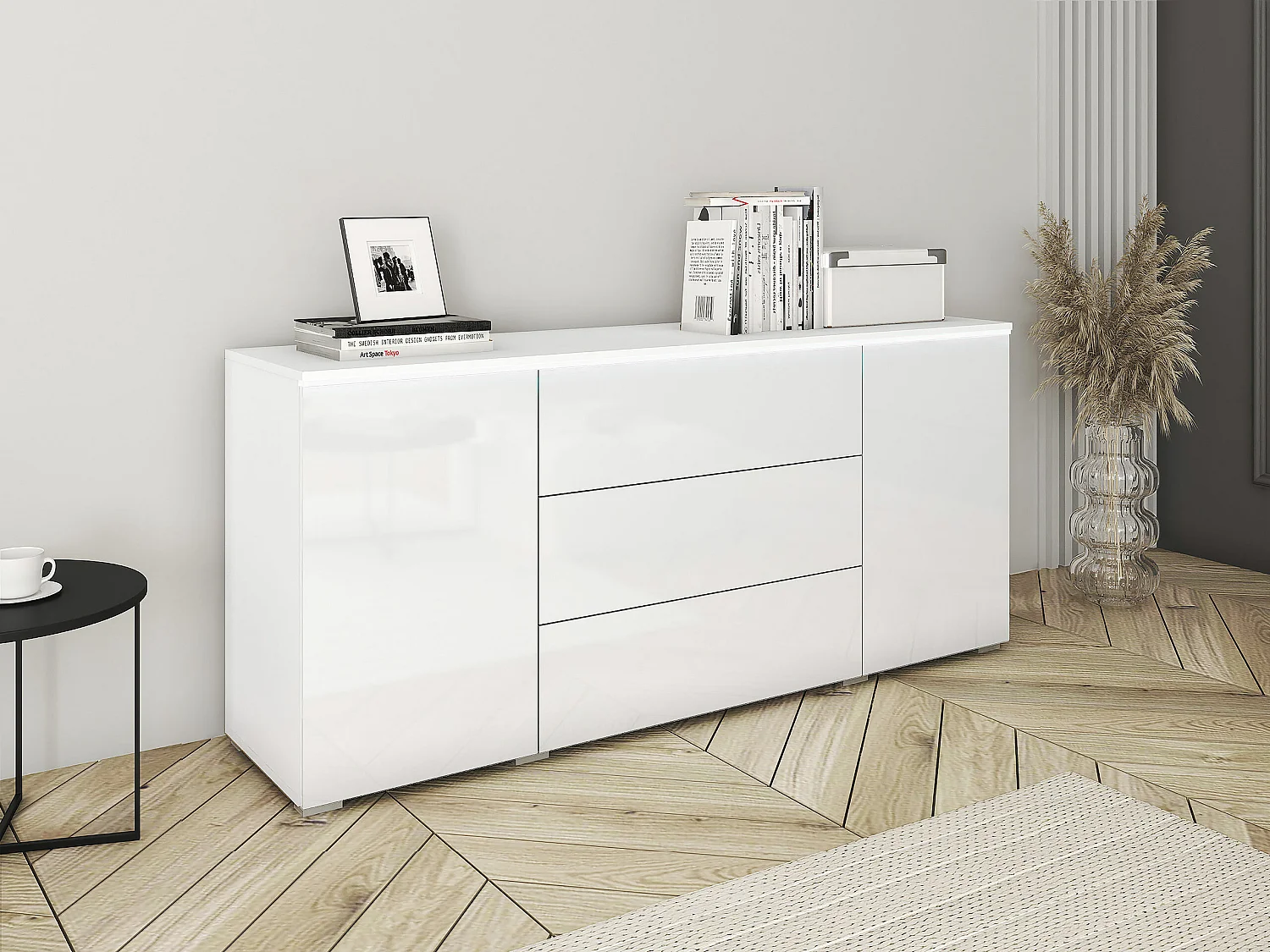 Commode Sarasota 142, Blanc|Blanc brillant, Tiroirs et portes, Nombre de tiroirs: 3, 66cm