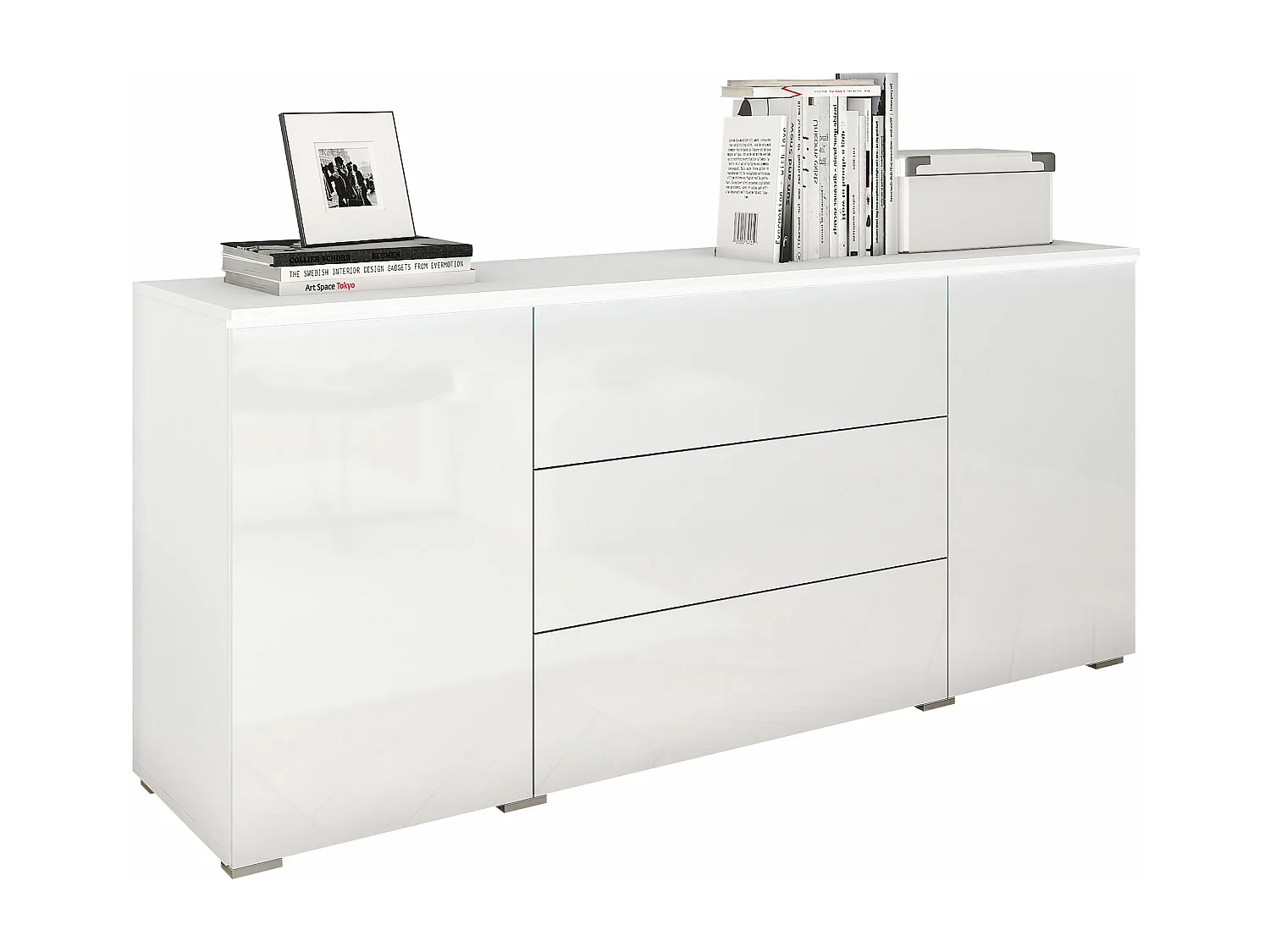 Commode Sarasota 142, Blanc|Blanc brillant, Tiroirs et portes, Nombre de tiroirs: 3, 66cm