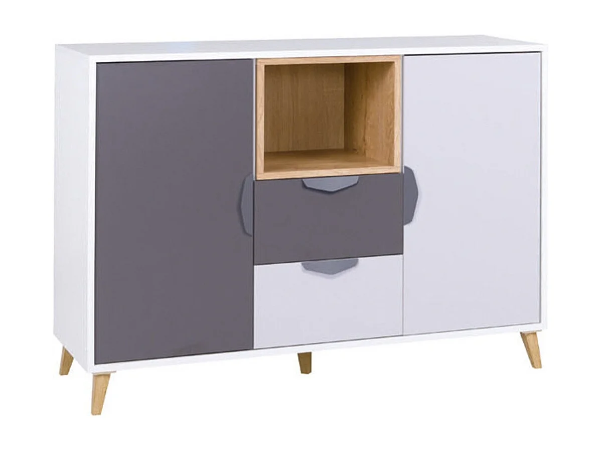 Commode Domvera 107, Blanc|Graphite|Gris|Chêne de Lefkas, Tiroirs et portes, 84x120x40cm