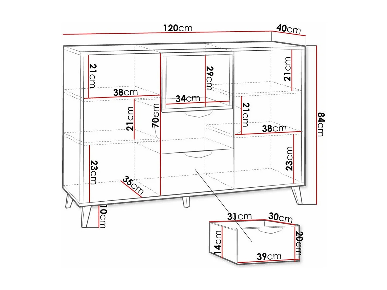 Commode Domvera 107, Blanc|Graphite|Gris|Chêne de Lefkas, Tiroirs et portes, 84x120x40cm
