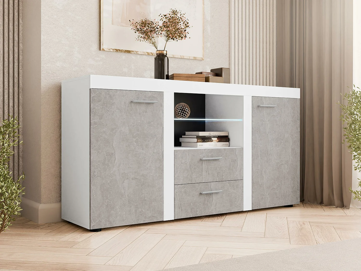 Commode Univio, Béton|Blanc, Tiroirs et portes, Nombre de tiroirs: 2, 82x157x40cm