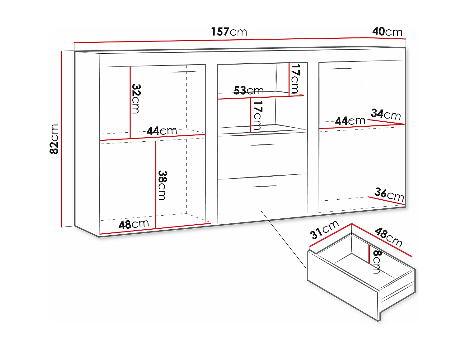 Commode Univio, Béton|Blanc, Tiroirs et portes, Nombre de tiroirs: 2, 82x157x40cm