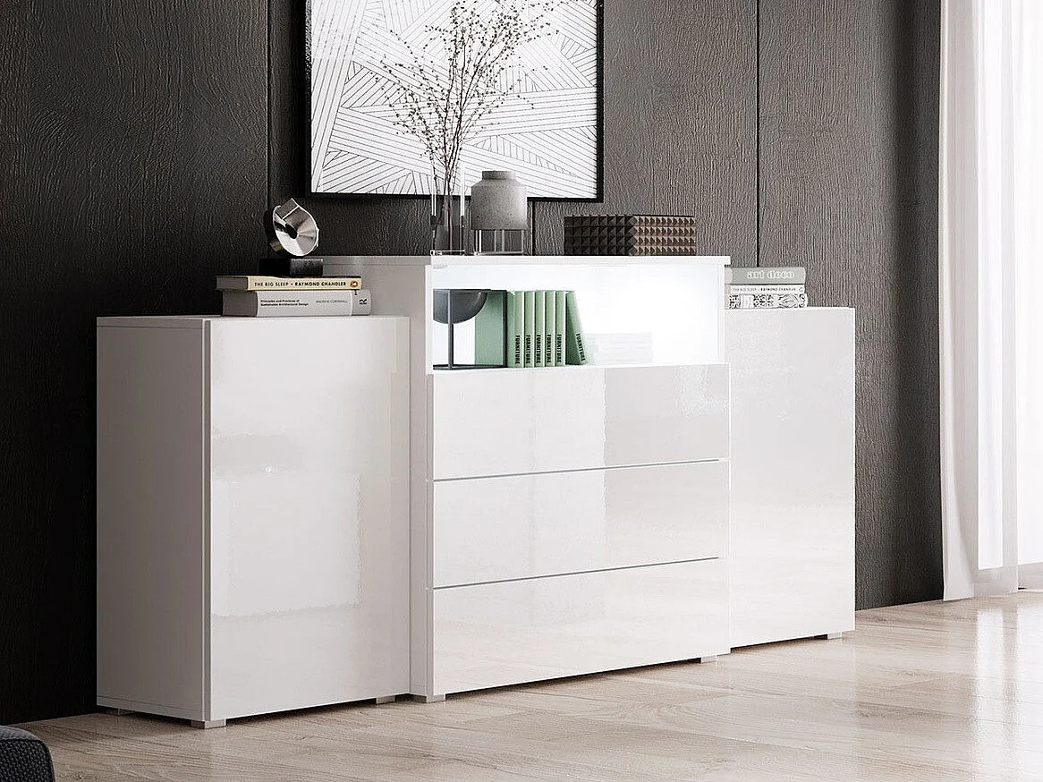 Commode Sarasota 127, Blanc brillant|Blanc, Tiroirs et portes, Nombre de tiroirs: 3, 81cm