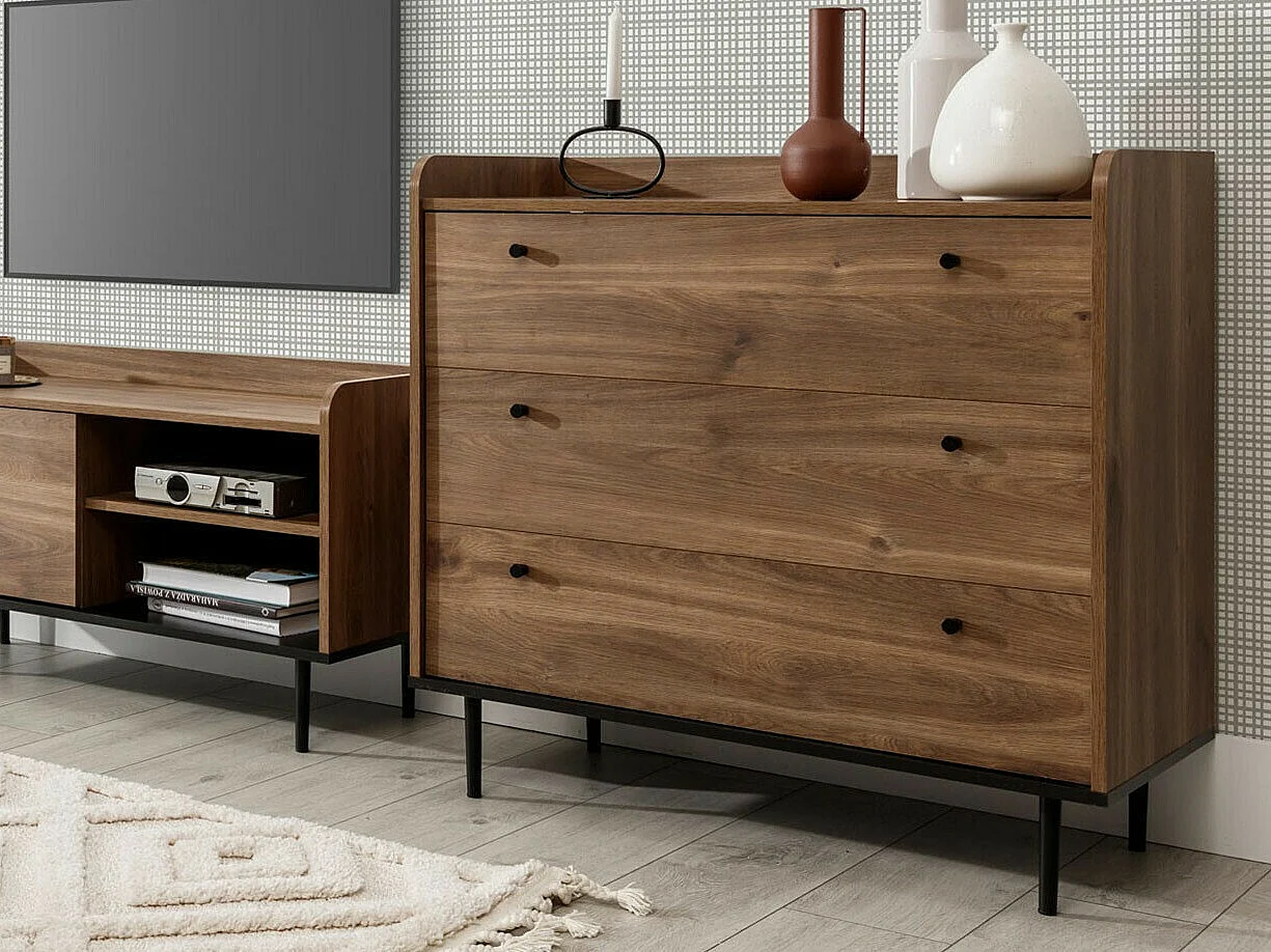 Commode Ferenou 101, Chêne foncé|Noir, Avec tiroirs, Nombre de tiroirs: 3, 90x90x45cm