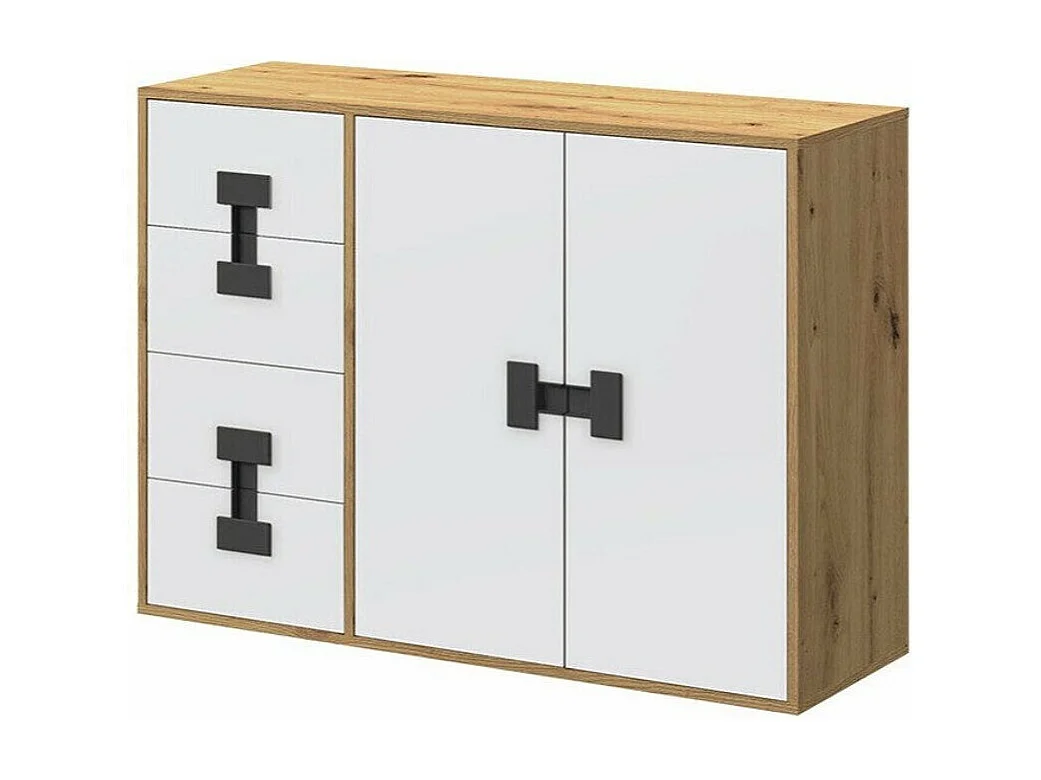 Commode Florevi 102, Mat blanc|Chêne Artisan, Tiroirs et portes, Nombre de tiroirs: 4,