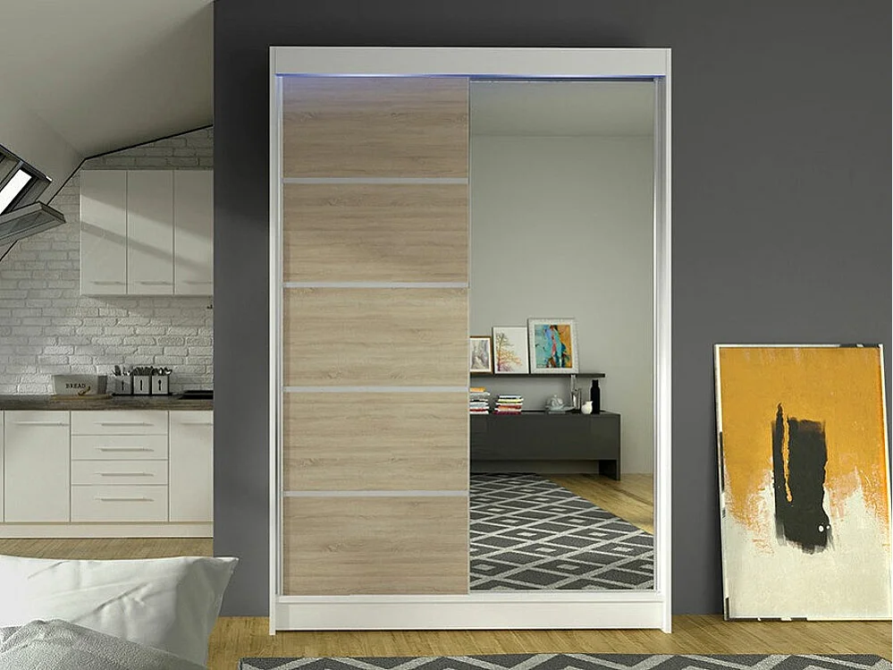 Armoire Closico 149, Sonoma chêne|Blanc, 200x120x58cm, Portes d'armoire: Coulissantes