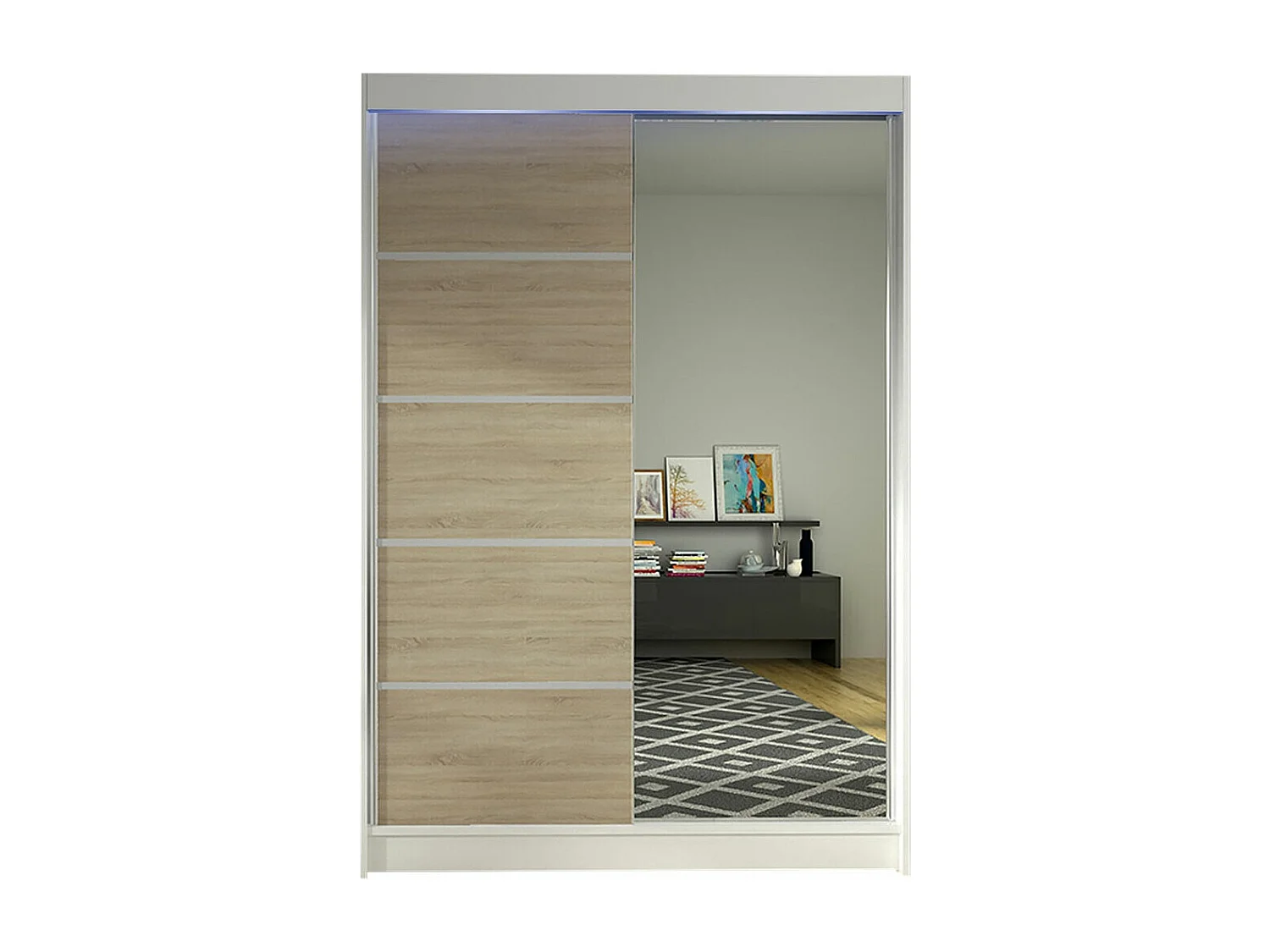 Armoire Closico 149, Sonoma chêne|Blanc, 200x120x58cm, Portes d'armoire: Coulissantes