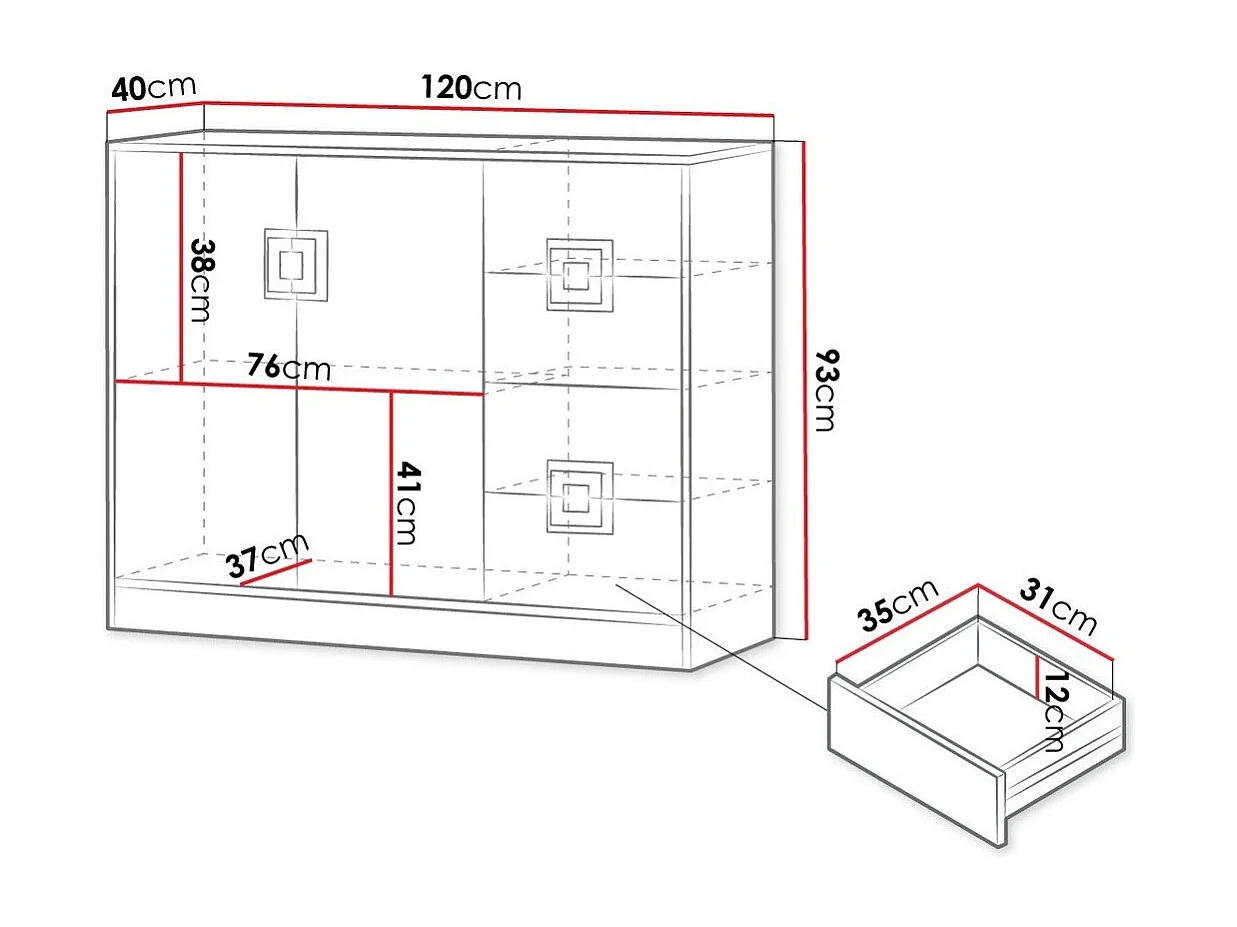 Commode Tolfere 100, Blanc|Chêne clair, Tiroirs et portes, Nombre de tiroirs: 4, 93x120cm