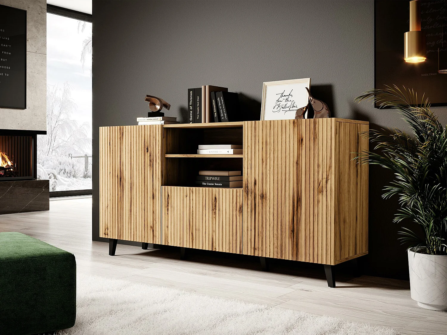 Commode Remeta 109, Chêne wotan|Noir, Tiroirs et portes, Nombre de tiroirs: 1, 82x151cm