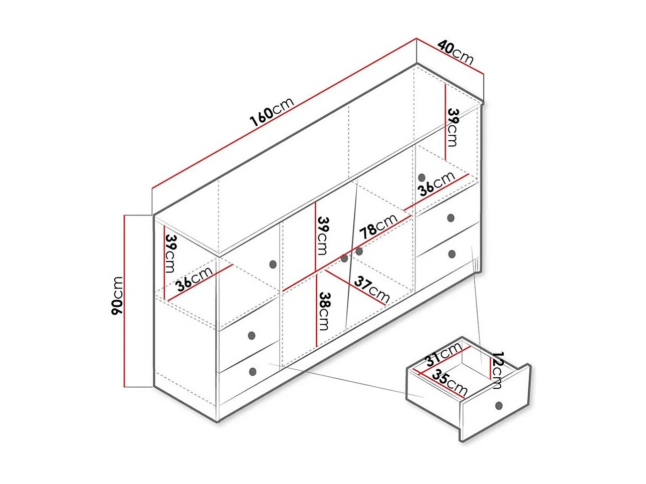 Commode Almira 105, Chêne Artisan|Blanc, Tiroirs et portes, Nombre de tiroirs: 4, 90x40cm
