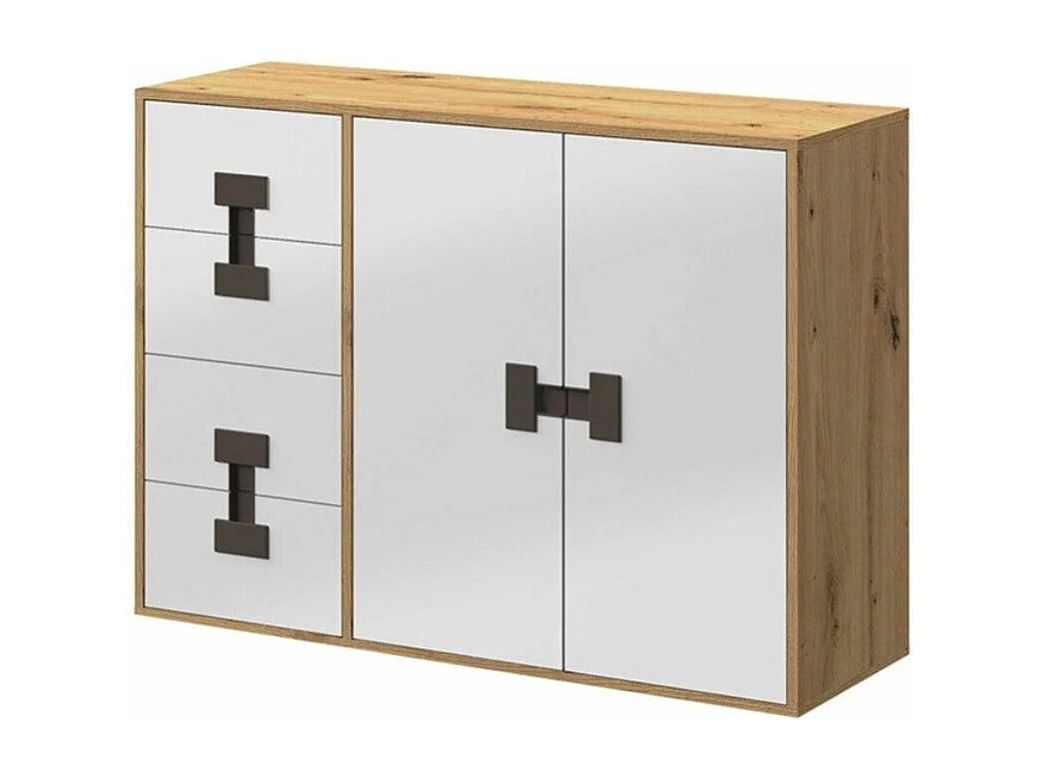 Commode Florevi 102, Blanc brillant|Chêne Artisan, Tiroirs et portes, 86x117x40cm