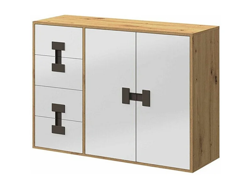 Commode Florevi 102, Blanc brillant|Chêne Artisan, Tiroirs et portes, 86x117x40cm