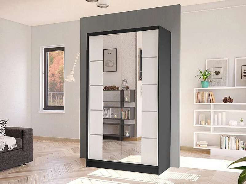 Armoire Closico 168, Noir|Blanc, 200x100x58cm, Portes d'armoire: Coulissante