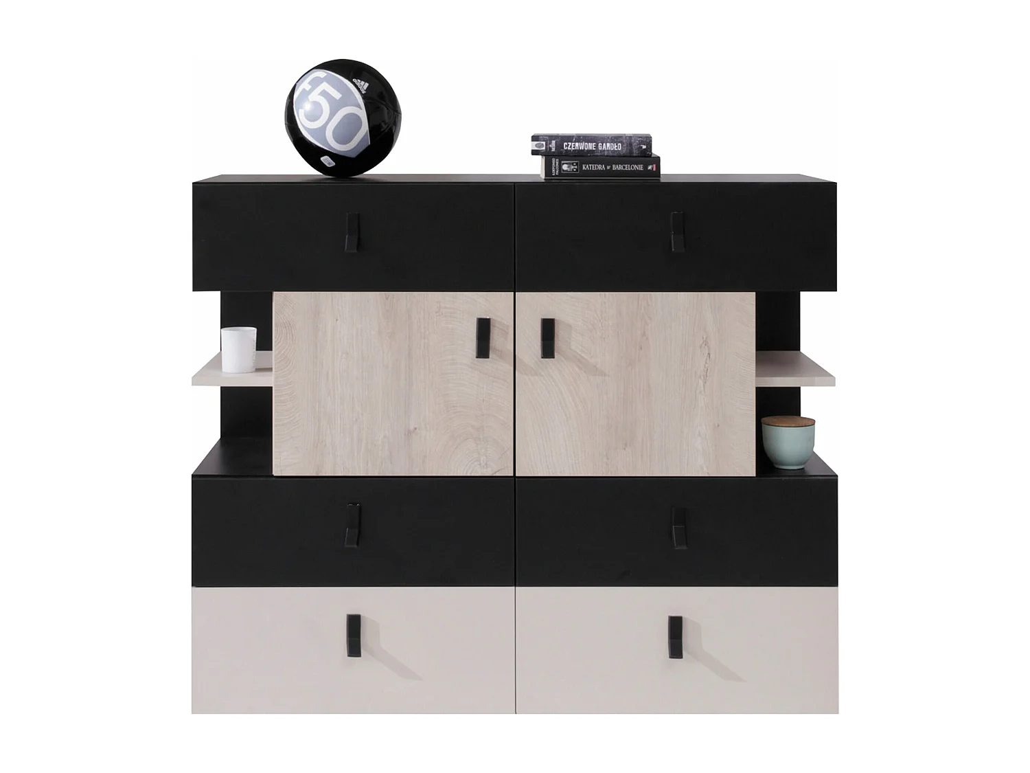 Commode Camteso 106, Beige|Chêne|Noir, Tiroirs et portes, Nombre de tiroirs: 6, 90x110cm