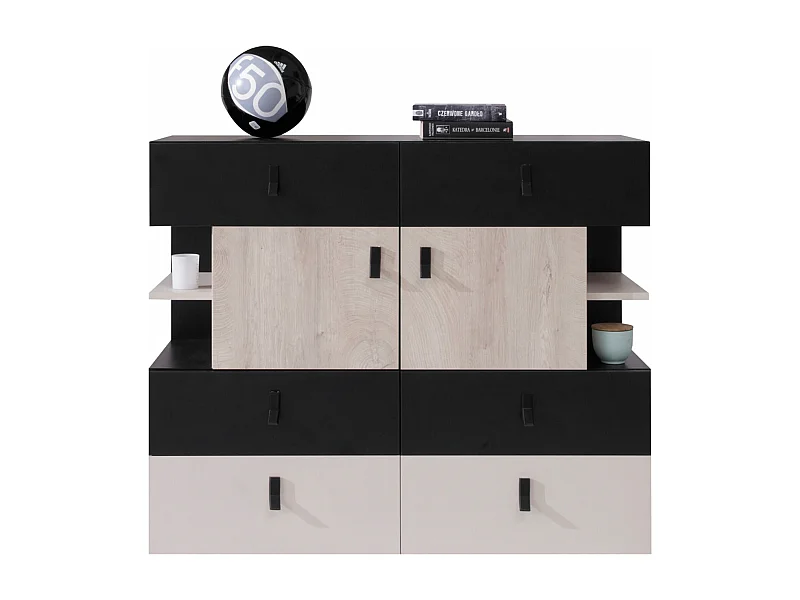 Commode Camteso 106, Noir|Beige|Chêne, Tiroirs et portes, Nombre de tiroirs: 6, 90x110cm